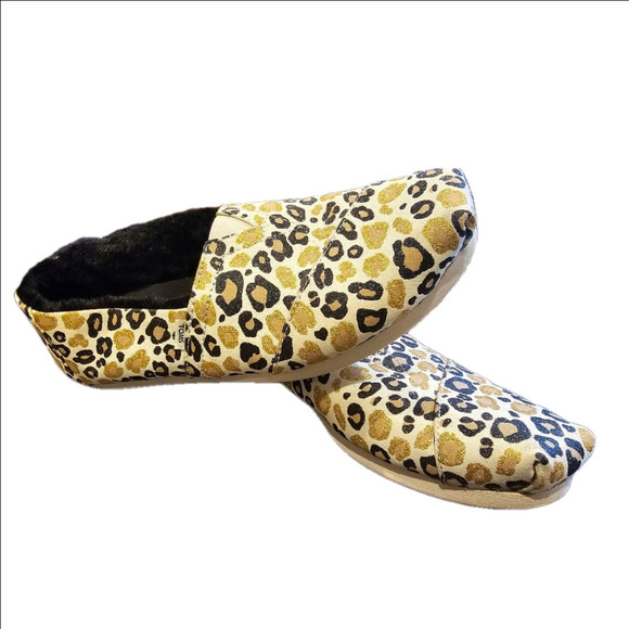 Toms Alpargata Faux Fur Lined Natural Glitter Cheetah Print Shoes Size 7.5 - Picture 8 of 11